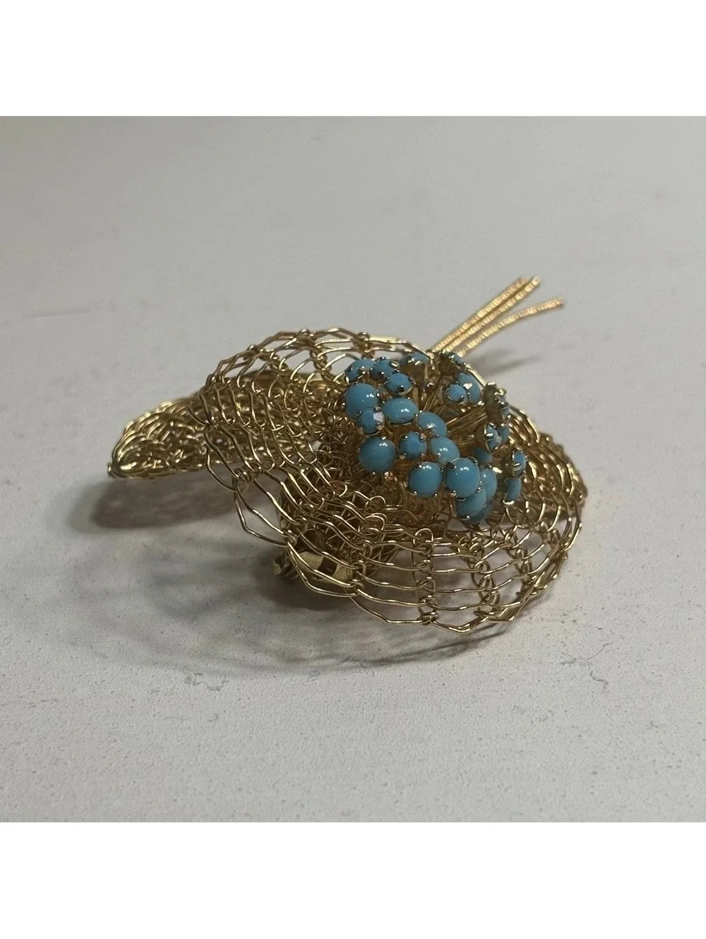 Vintage Vendome Signed Large Faux Turquoise Rhinestone Gold Tone Mesh Brooch